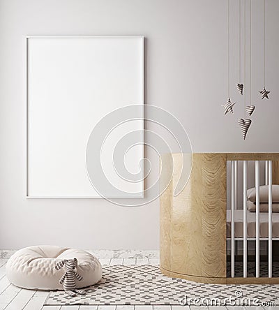 Mock up poster frame in children bedroom, scandinavian style interior background, 3D render Cartoon Illustration