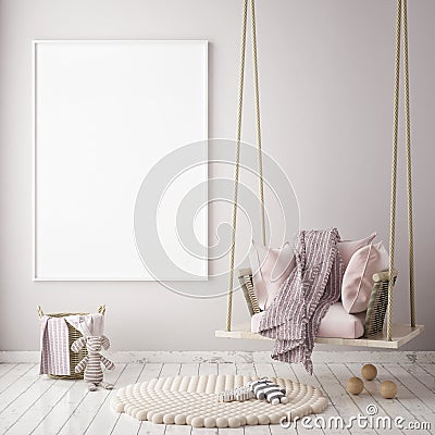 Mock up poster frame in children bedroom, scandinavian style interior background, 3D render Cartoon Illustration