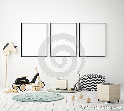Mock up poster frame in children bedroom, scandinavian style interior background, 3D render Cartoon Illustration
