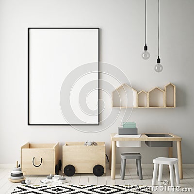 Mock up poster frame in children bedroom, scandinavian style interior background, 3D render Cartoon Illustration