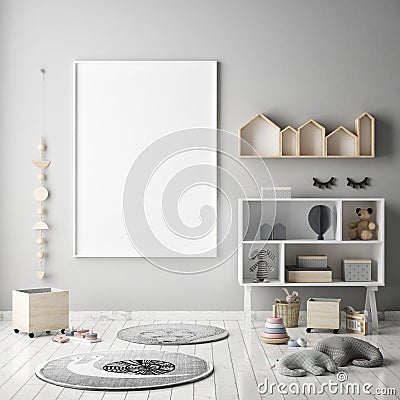 Mock up poster frame in children bedroom, scandinavian style interior background, 3D render Cartoon Illustration