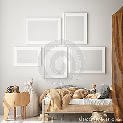 Mock up poster frame in children bedroom, Scandinavian style interior background, 3D render Cartoon Illustration