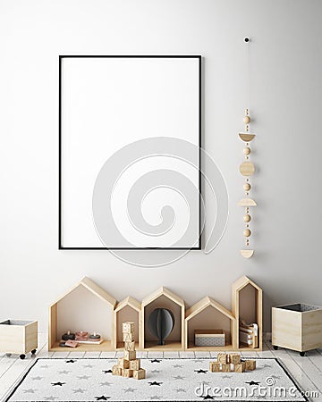 Mock up poster frame in children bedroom, scandinavian style interior background, 3D render Cartoon Illustration