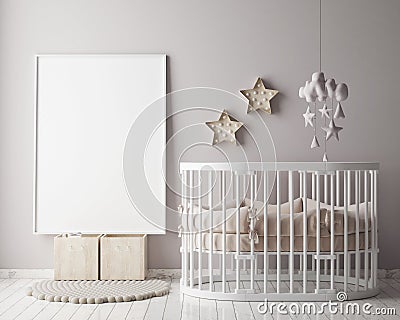 Mock up poster frame in children room with christamas decoration, scandinavian style interior background, Cartoon Illustration