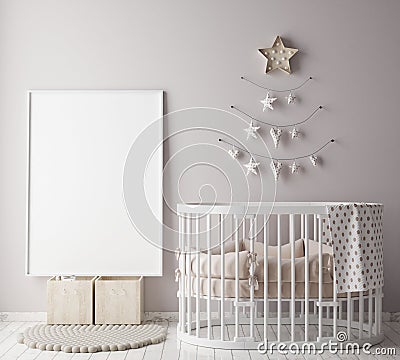 Mock up poster frame in children room with christamas decoration, scandinavian style interior background, Cartoon Illustration