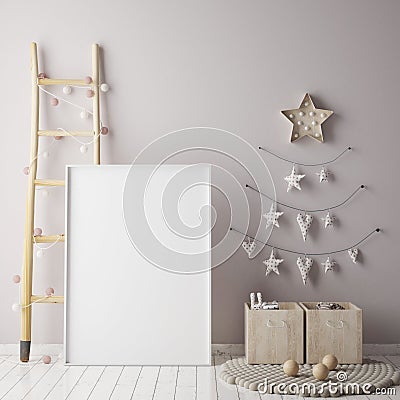 Mock up poster frame in children room with christamas decoration, scandinavian style interior background, Cartoon Illustration