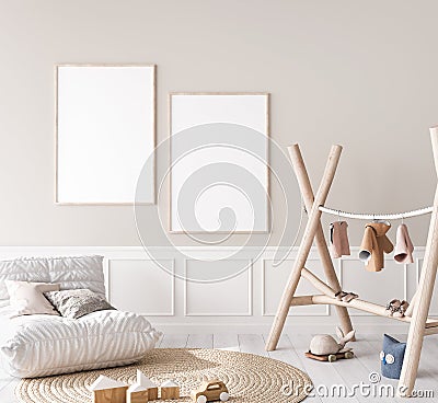 Mock up poster frame in children room with natural wooden furniture on beige background Stock Photo