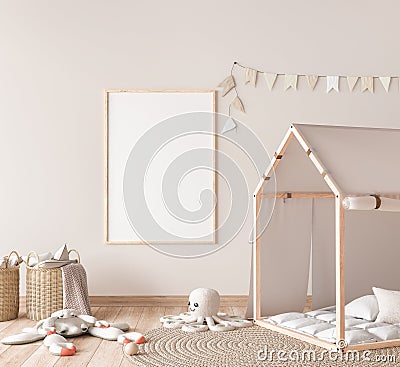 Mock up poster frame in children room with natural wooden furniture on beige background Stock Photo