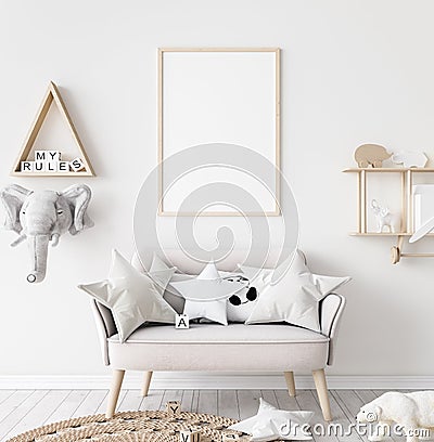 Mock up poster frame in children room with natural wooden furniture on beige background Stock Photo