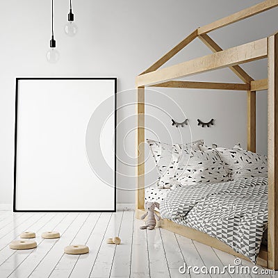 Mock up poster frame in children room, scandinavian style interior background, Cartoon Illustration