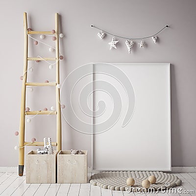 Mock up poster frame in children room, scandinavian style interior background, Cartoon Illustration