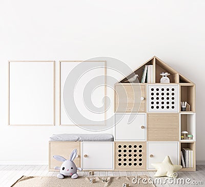 Mock up poster frame in children room, two frames in wooden farmhouse style Stock Photo