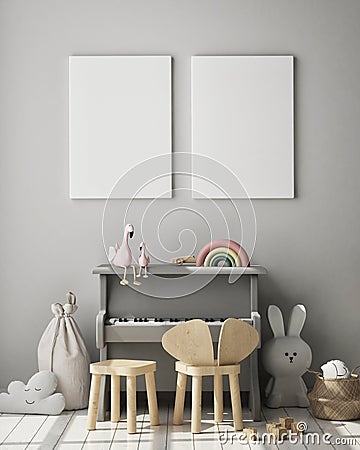 Mock up poster frame in children`s bedroom, Scandinavian style interior background, 3D render Cartoon Illustration