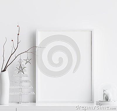 Mock up poster frame with Christmas decoration in home interior, Scandinavian style Stock Photo