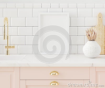 Mock up poster frame close-up in kitchen interior, American style Stock Photo