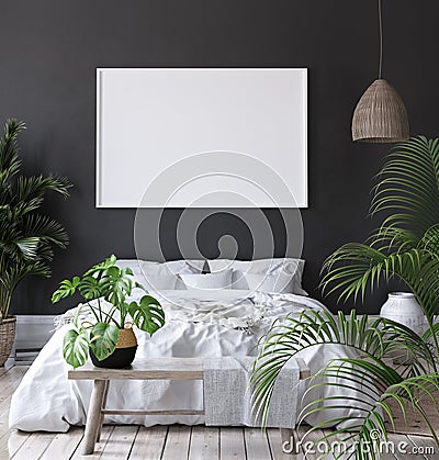 Mock-up poster frame in dark bedroom, Scandinavian style Stock Photo
