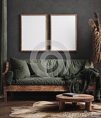 Mock up poster frame in dark green living room interior, ethnic style Stock Photo