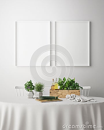 Mock up poster frame in dinning room interior background, scandinavian style, 3D render Cartoon Illustration