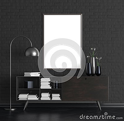 Mock up poster frame in elegant interior. 3D illustration Cartoon Illustration