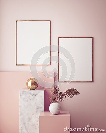 Mock up poster frame in geometric interior background, pastel colors, 3D render, 3D illustration Cartoon Illustration