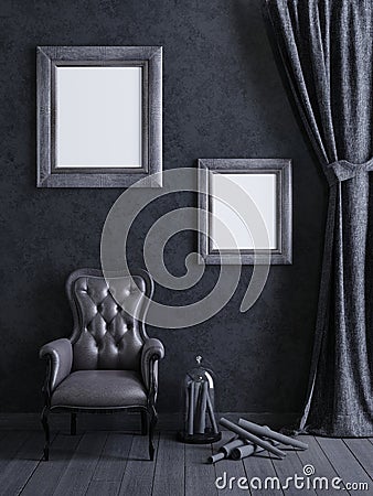 mock up poster frame in grey concept interior background, 3D render Stock Photo