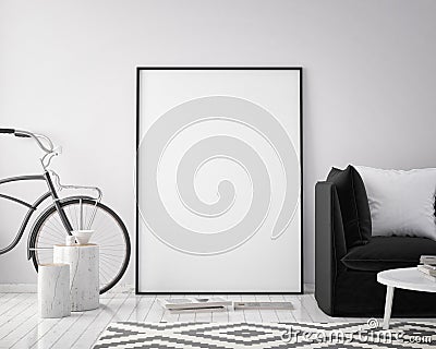 Mock up poster frame in hipster interior background with bicycle, scandinavian style, 3D render Cartoon Illustration