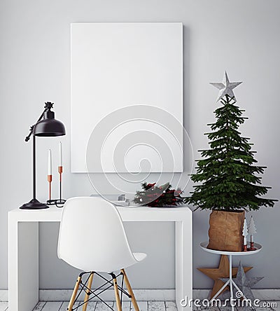 Mock up poster frame in hipster interior background,christamas decoration, Stock Photo