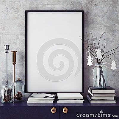 Mock up poster frame in hipster interior background,christamas decoration, Stock Photo