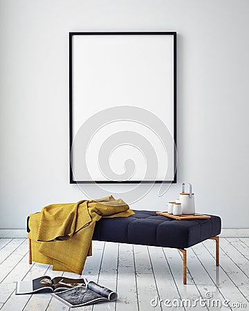 Mock up poster frame in hipster interior background, Stock Photo