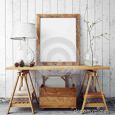 Mock up poster frame in hipster interior background, Stock Photo