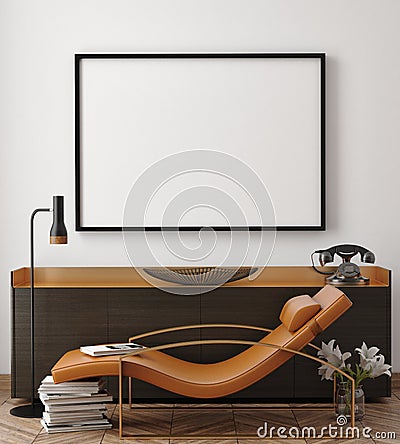 Mock up poster frame in hipster interior background, Stock Photo