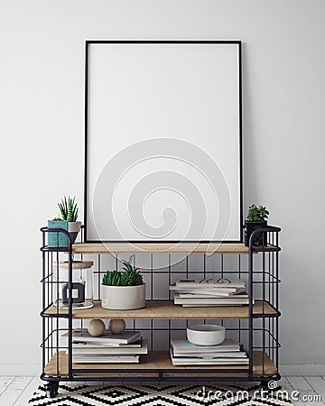 Mock up poster frame in hipster interior background, 3D render Cartoon Illustration