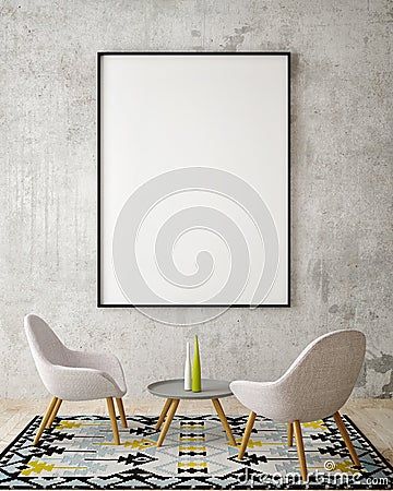 Mock up poster frame in hipster interior background, 3D rendering, Cartoon Illustration