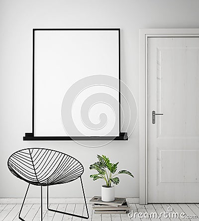 Mock up poster frame in hipster interior background with light letters, scandinavian style, 3D render Cartoon Illustration