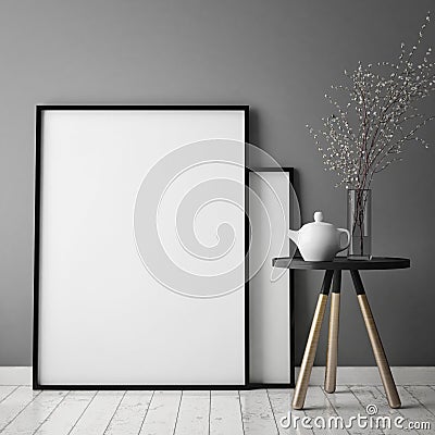 Mock up poster frame in hipster interior background with light letters, scandinavian style, 3D render Cartoon Illustration