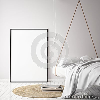 Mock up poster frame in hipster interior background with light letters, scandinavian style, 3D render Cartoon Illustration