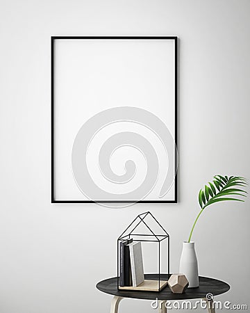 Mock up poster frame in hipster interior background with light letters, scandinavian style, 3D render Cartoon Illustration