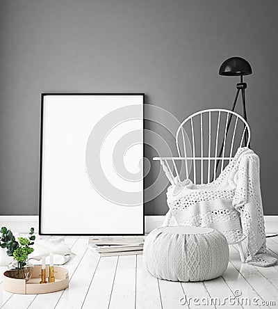 Mock up poster frame in hipster interior background, living room, Scandinavian style, 3D render, 3D illustration Cartoon Illustration