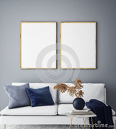 Mock up poster frame in hipster interior background, living room, Scandinavian style, 3D render, 3D illustration Cartoon Illustration