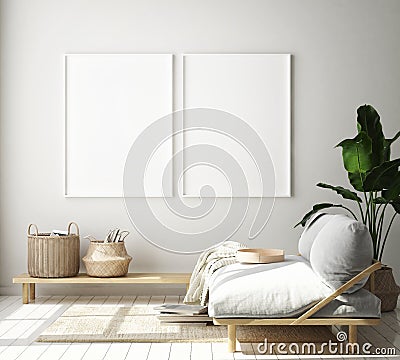Mock up poster frame in hipster interior background, living room,Scandinavian style, 3D render, 3D illustration Cartoon Illustration