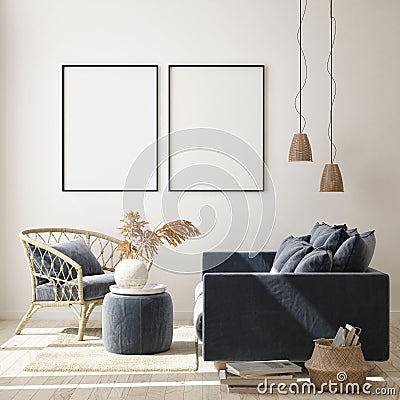 Mock up poster frame in hipster interior background, living room,Scandinavian style, 3D render, 3D illustration Cartoon Illustration