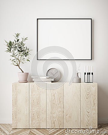 Mock up poster frame in hipster interior background, Scandinavian style, Cartoon Illustration