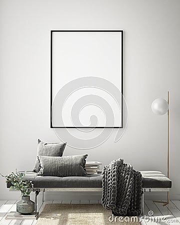 Mock up poster frame in hipster interior background, living room,Scandinavian style, 3D render, 3D illustration Cartoon Illustration