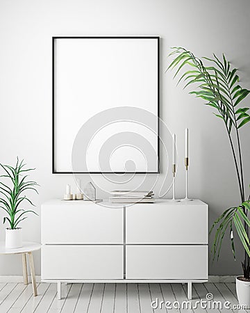 Mock up poster frame in hipster interior background, scandinavian style, 3D render Cartoon Illustration