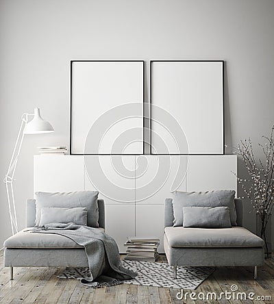 Mock up poster frame in hipster interior background, Scandinavian style, 3D render Cartoon Illustration