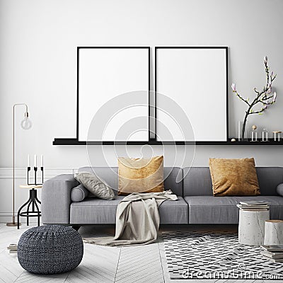 Mock up poster frame in hipster interior background, Scandinavian style, 3D render Cartoon Illustration