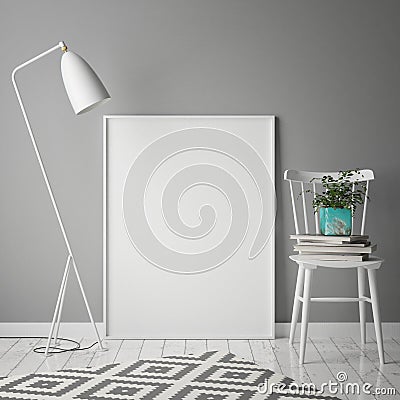 Mock up poster frame in hipster interior background, scandinavian style, 3D render, Cartoon Illustration