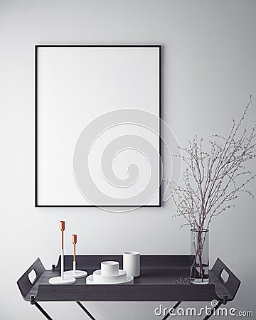 Mock up poster frame in hipster interior background, scandinavian style, 3D render Cartoon Illustration