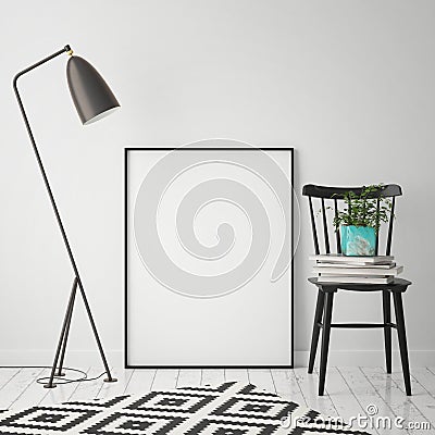 Mock up poster frame in hipster interior background, scandinavian style, 3D render Cartoon Illustration