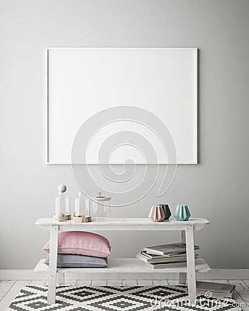 Mock up poster frame in hipster interior background, scandinavian style, 3D render Cartoon Illustration